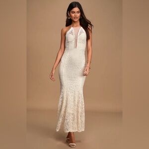 Lulus Elegant Cream Lace Halter Dress